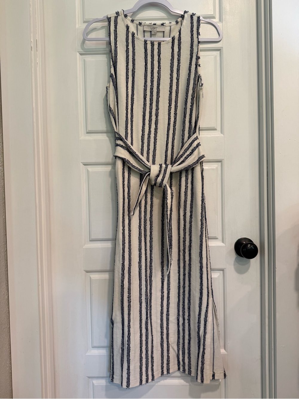 LOFT Striped Midi Dress Tie Waist Striped Sleeveless Cream Blue Size Small NWOT